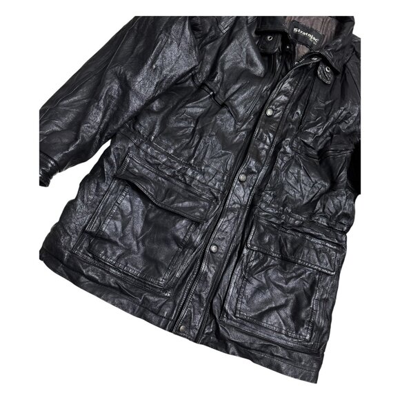 VINTAGE LEATHER Stratojac 90s Retro Genuine Leather Trench Coat Jacket Mens XL - Picture 7 of 7